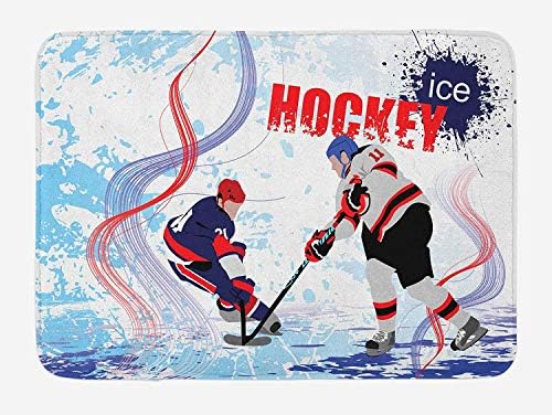 ARTOPB Hockey Bath Mat, Two Ice Hockey Players in Cartoon Style on Grunge Abstract Skating Rink Backdrop, Plush Bathroom Decor Mat with Non Slip Backing, 23.6 W X 15.7 W Inches, Multicolor