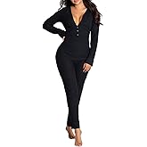 RUINIXCW Women Sexy Valentines Pajamas Jumpsuit Romper Deep V-Neck Long Sleeve Button Down Heart Print One Piece Sleepwear
