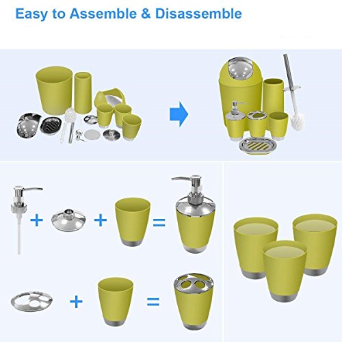 TEKITSFUN Yellow Bathroom Accessories Set,6 Pcs Plastic Gift Bath Accessory Set Luxury Ensemble Includes Toothbrush Holder,Toothbrush Cup,Soap Dispenser,Soap Dish,Toilet Brush Holder,Trash Can