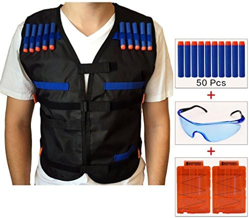 ENNRUI Kids Tactical Vest Jacket Kit (with 50pcs Blue Foam Darts + Protective Goggles Glasses + 2 Pcs 5-dart Quick Reload Clip) for Nerf Toy Gun N-strike Elite Series