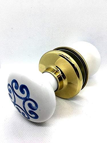 Morticed 60mm Door knobs Set Ceramic Porcelain White/Blue Scroll Handles