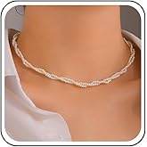 Allereyae Vintage Layered Pearl Choker Necklace Gold Pearl Bead Collar Necklace Twisted Pearl Necklace Multi Strand Pearl Chain Necklace Jewelry for Women