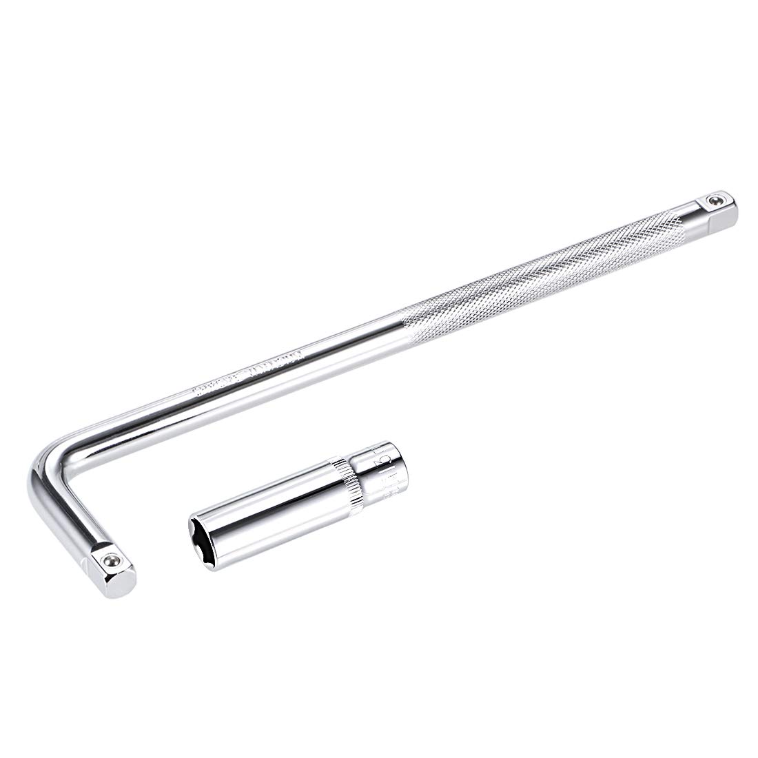 sourcing map Socket Accessory Set of 2 Pcs, 13mm 6-Point Deep Socket 10" L-Shape Extension Handle with 3/8" Drive