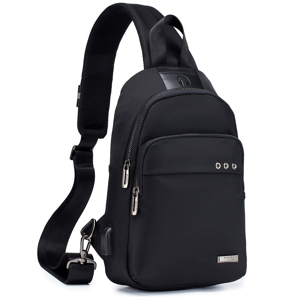 SPAHER Large Unisex Men Women Sling Chest Bag IPAD Crossbody Bag Shoulder Backpack School Bag Outdoor Hiking Fanny Satchel Messenger Travel Daypack Rucksack with Earphone and Headphone Port Black