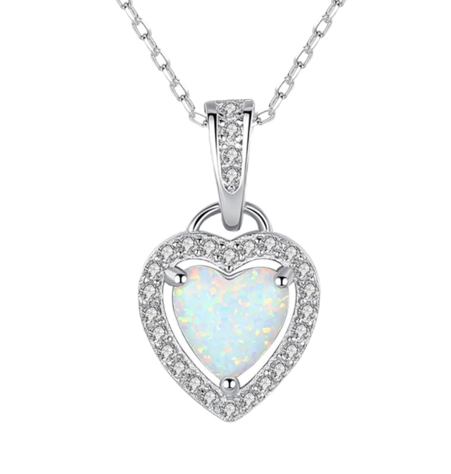 NYHI TRENDS Sterling Silver Opal Heart Pendant Necklace For Her | Dainty Opal Heart Silver Necklace with CZ Diamond | Wedding Jewelry | Bridesmaid Gift