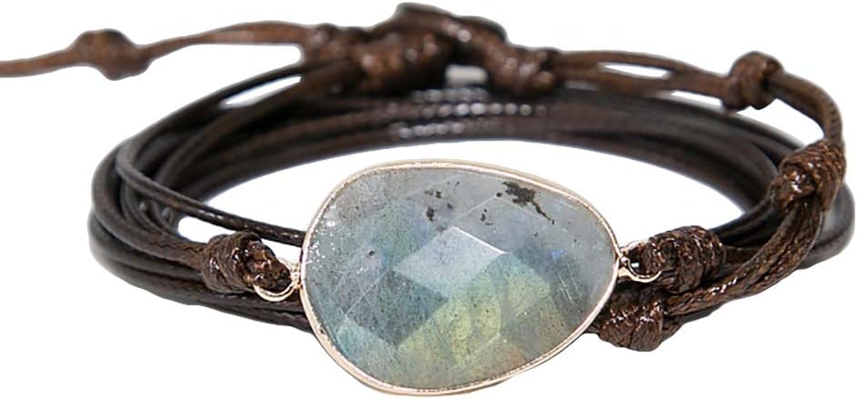 smallwoodi Bangle Bracelet,Boho Unisex Multi Layer Knot Wax Rope Labradorite Stone Charm Handmade Bracelet Jewelry Christmas Gift for Men for Women Red