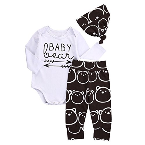 Unisex Baby Outfits,Laimeng 1Set Newborn Baby Girls Boys Tops Romper +Long Pants Hat 3Pcs Outfits Clothes (70, White)