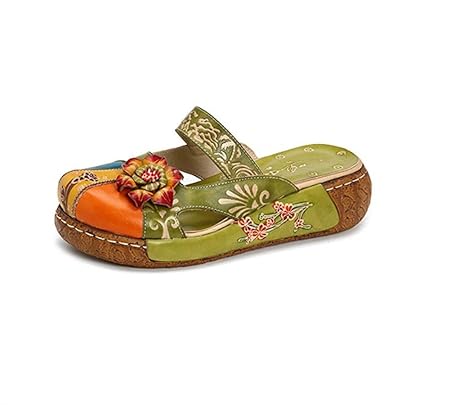 Damen Sandalen,Popoti Sommer Sandalen mit Absatz Pantoletten Hausschuhe Leder Slip-Ons Pumps Vintage Blume Slipper Mokassins 