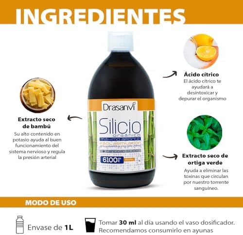 Silício Orgânico Precursor do Colagénio | Mineral Essencial para a Estrutura Celular | Ossos e Articulações |Urtiga Verde & Bambu | Assimilação Fácil, 6100 mg por dose, 1000 ml = 33 dias