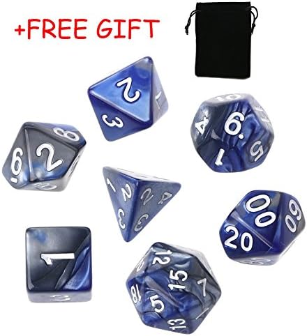 Lulujan Polyhedral Dice Set D&D for Dungeons and Dragons TRPG MTG Board Games Dice with FREE Pouch (7-Die, Blue & Silver)