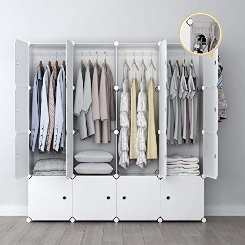 GEORGE&DANIS Portable Wardrobe Closet Plastic Dresser Cube Organizer Storage Carbinet Shelf DIY Furniture, White, 18 inches Depth, 4x4 Tiers