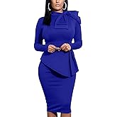 Women's Peplum Bodycon Long Sleeve Wear to Work Dresses Bow Party Club Ruffle Formal Cocktail Pencil Dress