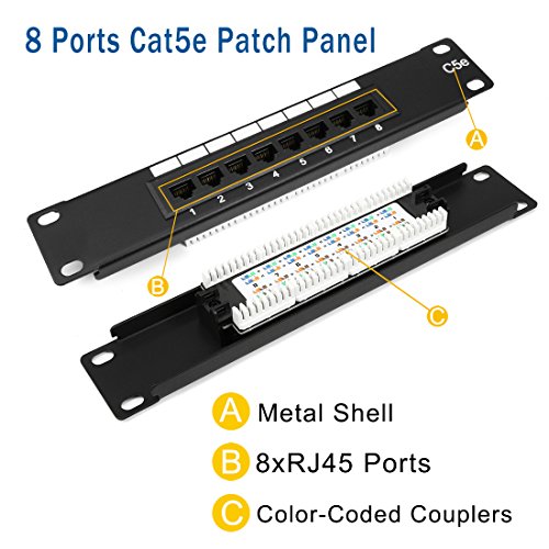 uxcell 8 Ports Cat5e 1U 10inch Unsheilded RJ45 IDC Rackmount mini Patch Panel Black