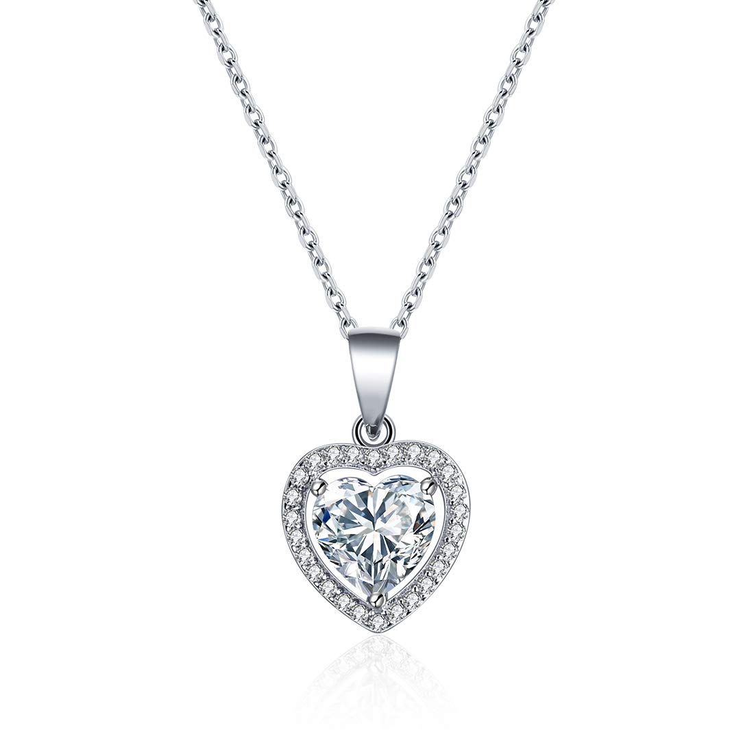 E 925 Sterling Silver Double Love Heart Pendant Necklace for Women, AAA Cubic Zirconia Love Forever Halo Pendant, rhodium plated