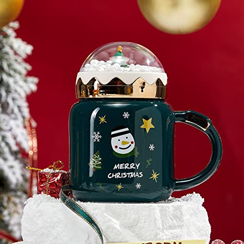 Green Christmas Mug Snowman and Christmas Tree Snow Globe Lid
