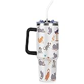 Cute Cats Water Bottle with Straw, Winter Partner Stainless Steel Tumbler with Handle, Thermal Cup for Cold and Hot Drinks, Desktop Pet, Present for Cat Lovers, 40oz