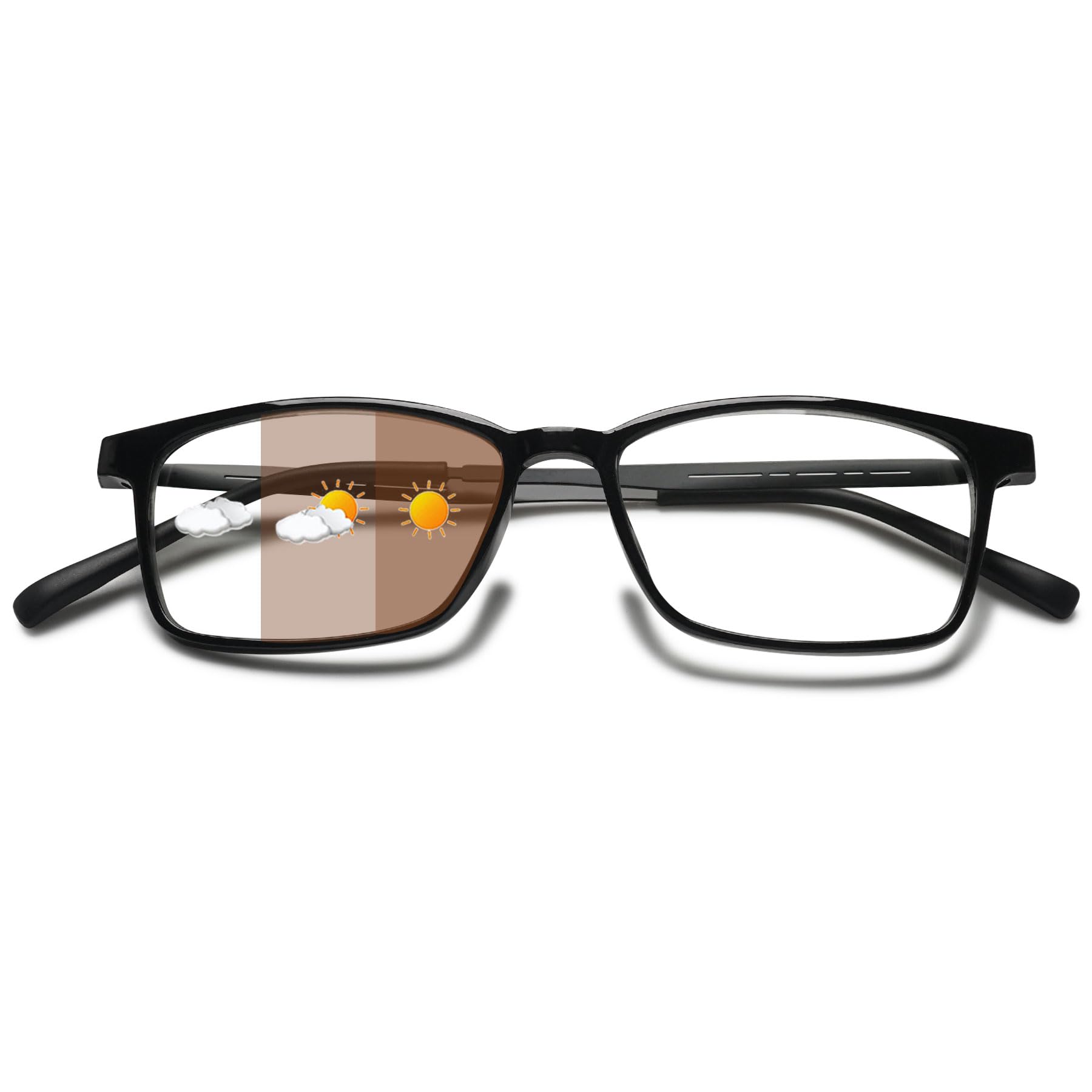 Lanomi Rectangle Photochromic Reading Glasses Blue Light Blocking Reading Sunglasses UV400 Protection Eyeglasses for Women Men Light Black (Photochromic Brown) 1.5