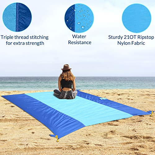 Outdoorsman Lab Sand Free Beach Blanket | Water Repellant Sand Proof Beach Mat | 10'x9' Parachute Nylon for Picnics, Camping, Concerts | 6 Sand Pockets, 4 Pegs, Carrying Bag & Strap - Thumbnail 4