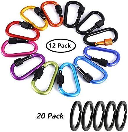 Carabiner,Aluminum Alloy D-ring,Super Durable Strong and Light for Outdoor,Camping,Hiking,Fishing,Backpack and Professional Outdoor Camping,Lock Buckle(12Pcs+20Key Rings