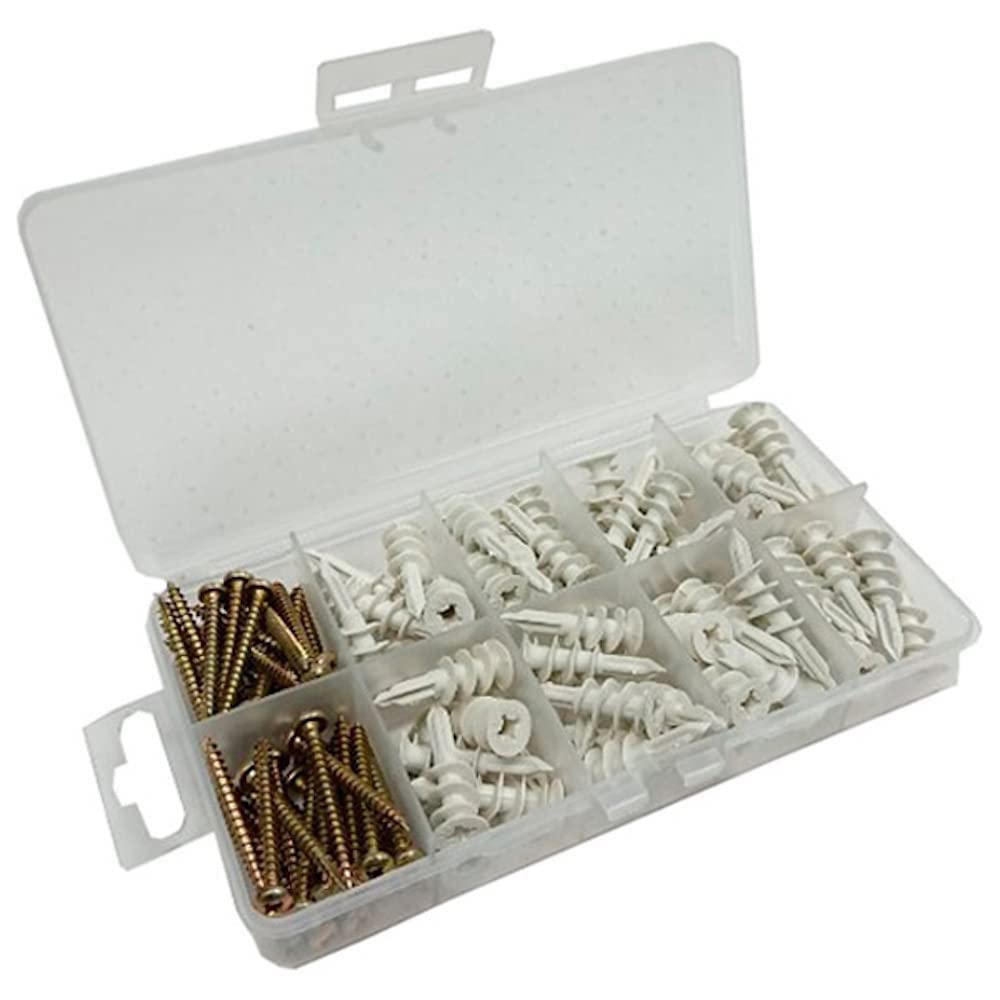 Merriway BH06585 (200 Pcs) Assortment of Nylon Redi-Driva Cavity Wall Plugs & Screws in a 10 Compartment Carry Case - Pack of 200 Pieces