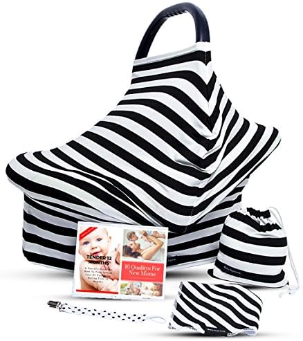 Nursing Cover - Baby Car Seat Canopy + Baby Bib, Carrying Bag, Pacifier Clip &amp; 2 eBooks - Multi Use Breastfeeding Scarf - Shopping Cart, Strollers, Carseat Covers for Boys and Girls