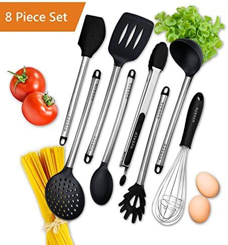 Gudaco Premium Kitchen Utensils Italian Style, 8 Piece Black Silicone and Stainless Steel Kit, Cooking Gadgets: Serving Tongs, Spoon, Spatula Tools, Pasta Server, Ladle, Strainer, Whisk for Pots, Pans