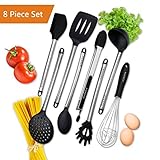 Gudaco Premium Kitchen Utensils Italian Style, 8 Piece Black Silicone and Stainless Steel Kit, Cooking Gadgets: Serving Tongs, Spoon, Spatula Tools, Pasta Server, Ladle, Strainer, Whisk for Pots, Pans
