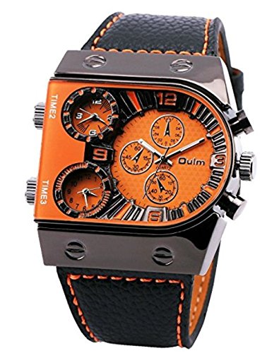 Oulm Man's Fashion Watch with 3 Quartz Movement Dial Leather Band orange CH164