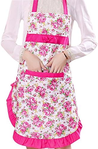Women's Lovely Retro Lace Adjustable Apron with Pocket, Canvas Home Cooking Kitchen Aprons (Red)