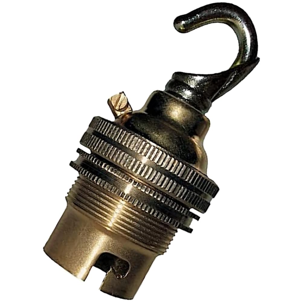 1 Pack Traditional Earthed Solid Brass Lampholder with Shade Retaining Ring and Metal Deco Styled Hook | Raw Brass - no lacquer| B22|B22D | Bayonet Cap