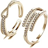 PhoebeTan Adjustable Stackable Rings Set for Women, 14K Gold Plated & Silver CZ Wave Double Band Rings Set
