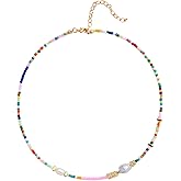 Wellike Freshwater Pearl Beaded Necklace for Women Handmade Boho Colorful Glass Beads Choker Necklace Stainless Steel 18K Gold Plated Bohemian Women Summer Jewelry Gifts