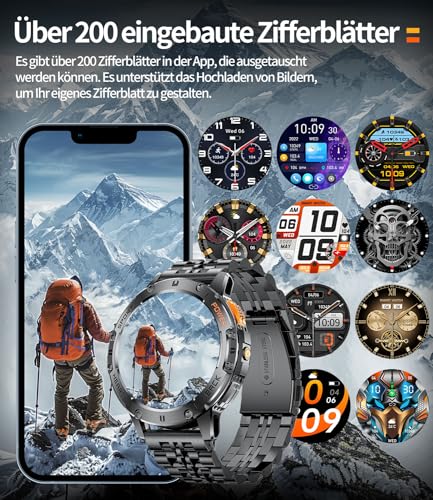 ESFOE Men's Smart Watch, 1.43 inch AMOLED Smartwatch Military Man with LED Flashlight/530mAh/5ATM Waterproof/Calls/120 Sports Modes/Heart Rate Monitor/Pedometer Android iOS Black