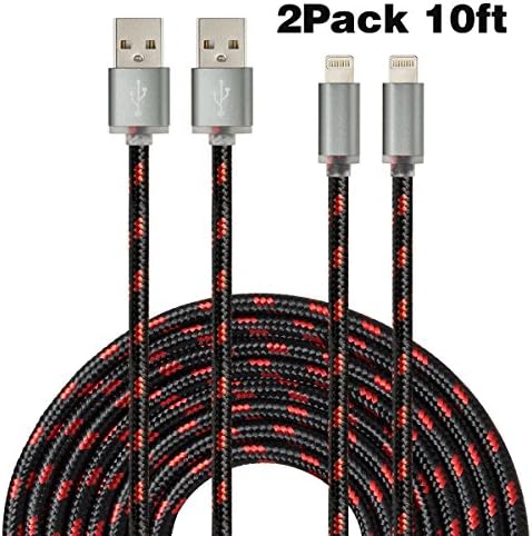 HAllein Certified 2 Pack 10 Feet /3 Meters 8pin Nylon Braided Lightning Charging USB Cord (Red in Black)