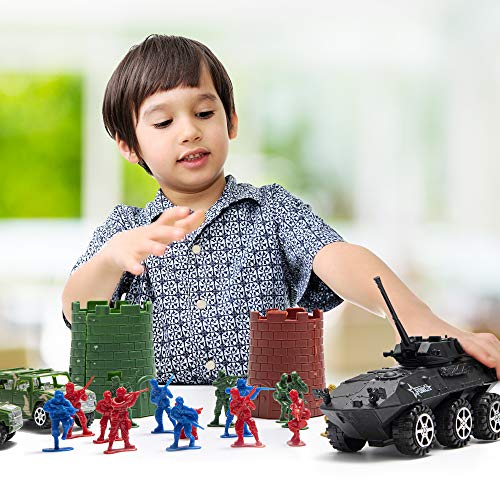 JaxoJoy 200-Piece Army Men Military Set - Cool Mini Action Figure Play Set w/ Soldiers, Vehicles, Aircraft & Boats - Pretend WWII Army Base & Military Toy Figurines for Boys