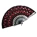 Newstarfactory Peacock Feather Red Sequins Design Black Plastic Folding Hand Fan