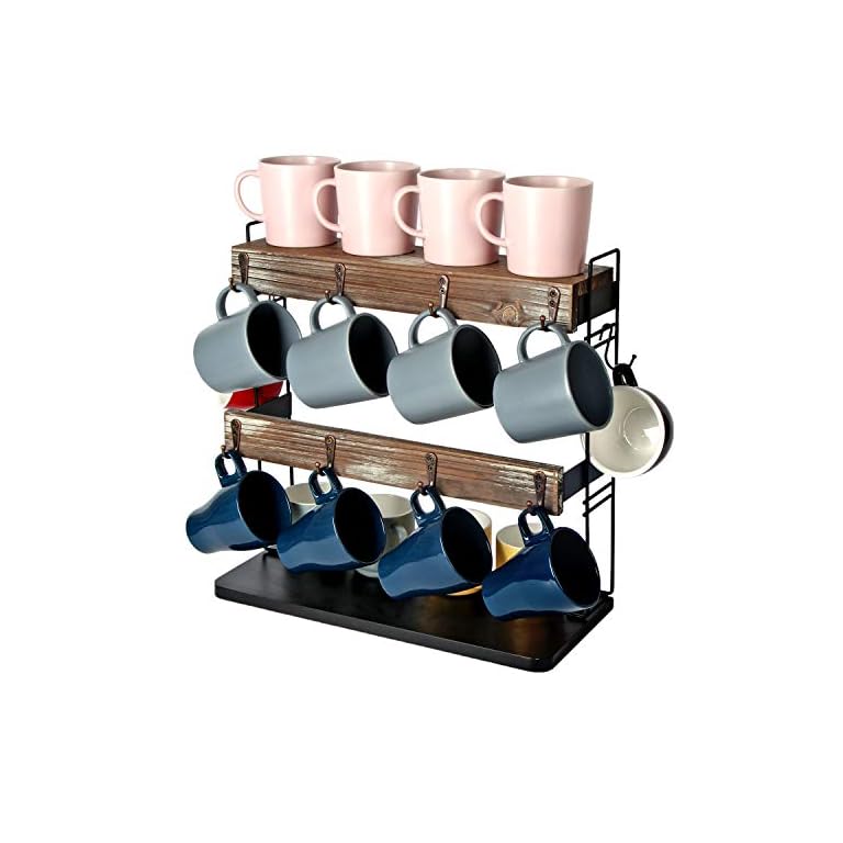 J JACKCUBE DESIGN Rustic Wood Countertop 2 Tier Coffee Mug Cup Rack