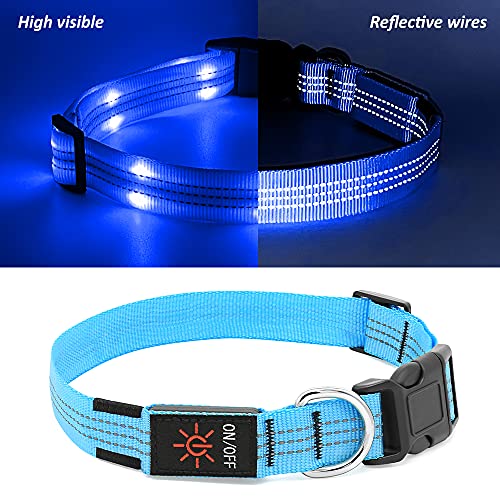 PZRLit LED Dog Collar Light-USB Rechargeable, Adjustable Nylon Webbing Light Up Dog Collars Super Bright, Safety Reflective Puppy Collar, Water Resistant Ｇlow in the Ｄark Pet Collars-Blue, Large
