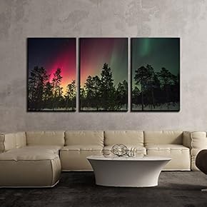 3 Piece Canvas Wall Art - Aurora Above The Snow Covered Pine Tree Forest - Modern Home Art Stretched and Framed Ready to Hang - 16"x24"x3 Panels