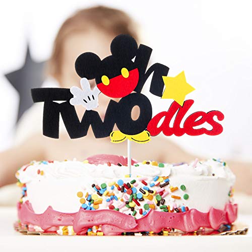 MALLMALL6 Mickey Two Birthday Cake Topper Twodles Mickey Birthday Party Supplies Cute Cake Decorations Two Years Old Mickey Themed Birthday Party Favors for 2nd Toddlers Baby Boys Girls