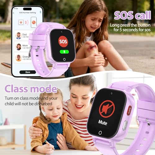 Alutoria Children's Smartwatch with 4G GPS Phone Video Call Voice Chat Pedometer SOS Alarm Clock for Girl and Boy 4-12 Years Gift Purple