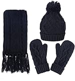 ANDORRA 3 in 1 Soft Warm Thick Cable Knitted Hat Scarf & Gloves Winter Set,Black