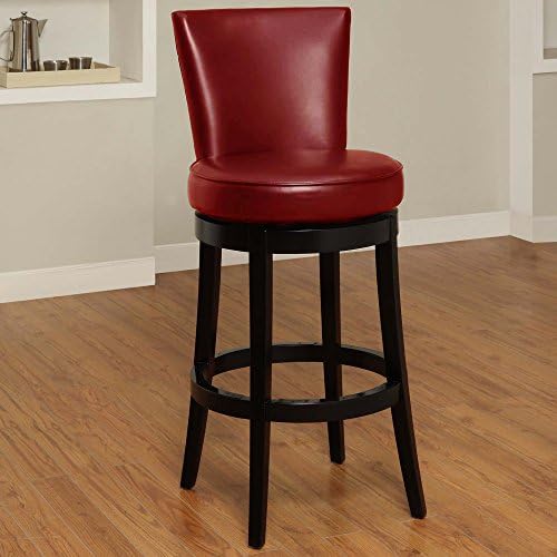 Armen Living Boston 30" Bar Height Swivel Barstool in Red Bonded Leather and Black Wood Finish