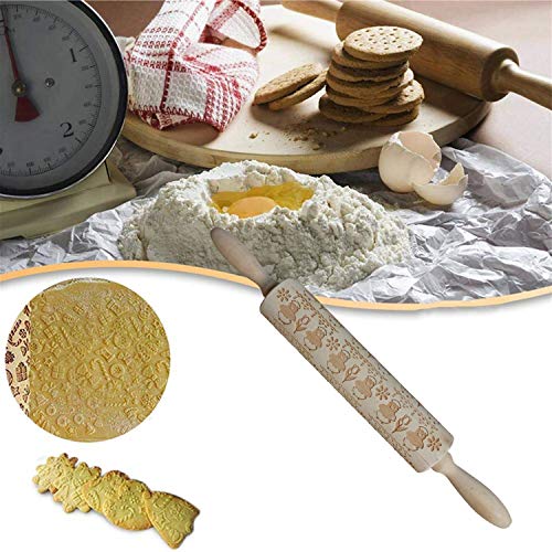 Kitchen Dough Roller Pin for Baking,Engraved Rolling Pin for Cookies,Embossed Wood Rolling Pin for Noodle Fondant Biscuit Cake Pizza Dough