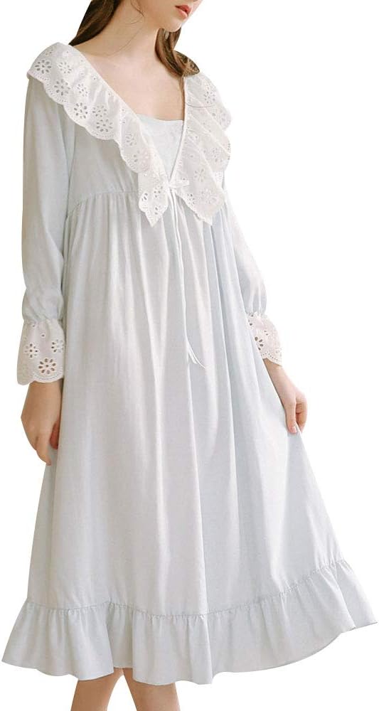 Women's Retro Cotton V Neck Nightgown Casual Hollow Out Ruffle Front Sleep Dress
