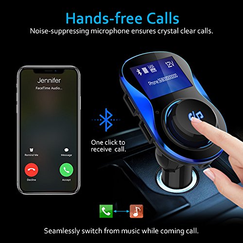 Bluetooth FM Transmitter, Comsoon [180°Rotation] Wireless Radio Adapter Car Kit with 5V/2.1A & 1A Smart IC Dual USB Car Charger, 1.40 Inch LCD Display, TF Card Slot, U Disk, AUX Input/Output (Black) - Thumbnail 2