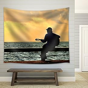Man with Guitar at Sunset - Fabric Wall Tapestry Home Decor - 51x60 inches