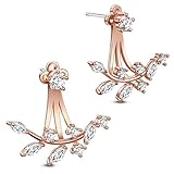SHEGRACE 18K Gold Plated Leaf Earring Studs CZ Ear Jackets Rose Gold Front and Back Earrings