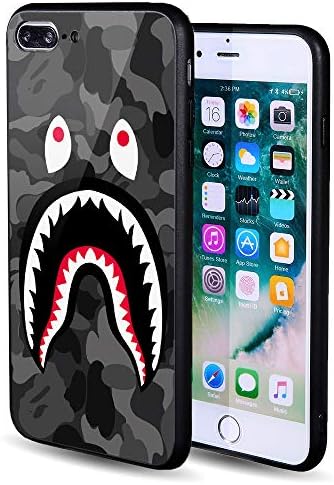 iPhone 7/8 Plus Shark Face Camo Black Case Street Fashion, Auroo Ferret Tempered Glass Back Case, Fashion Hard Glass Back Cover Soft TPU Bumper Frame Anti-Fingerprints Protective Case 5.5" inches