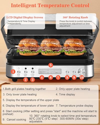 Dxmocos 5 in 1 Indoor Grill, Electric Contact Grill and Griddle, Panini Press Grill Sandwich Maker with Meat Thermometer, LCD Display, Stainless Steel, Healthy Ceramic Nonstick, 2000W